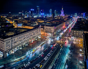 Wall Mural - Constitution Square (PL: Plac Konstytucji) - a view of the center of night Warsaw with skyscrapers in the background - the lights of the big city by night, Poland, EU