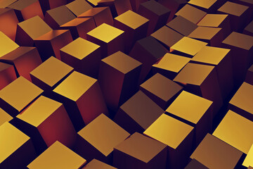 Poster - Gold cubes, abstract background, chaotic geometric shapes, 3D rendering toned