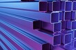 © Igor Kapustin - Metal glossy square pipes, square section rolled metal, abstract industrial illustration for construction, elements in a stack, 3D rendering in purple and blue