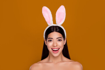 Wall Mural - Photo of lovely asian easter hare lady open mouth omg facial expression sale decorative cosmetics offer isolated pastel background