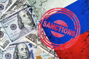 Dollar bills, and a cracked Russian flag. Sanction stamp. The concept of sanctions against Russia. Finance.