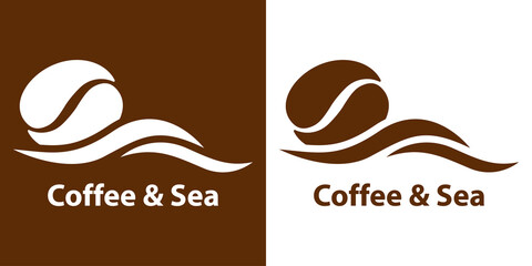 Poster - Coffee Shop. Logotipo con texto Coffee & Sea con silueta de frijol de café con olas en fondo marrón y fondo blanco