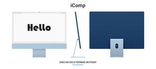Poster - computer monitor blue color with blank screen saver front, back and side view isolated on white background. realistic and detailed mockup of display for system unit. stock vector illustration