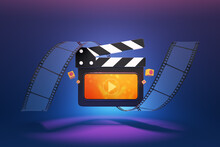 Director Movie Film Entertainment Social Media Play Online Streaming Service Music Television Series Library Internet Home Public Live Record Video On Smartphone. Clipping Path. 3D Illustration.