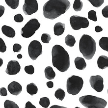Seamless Repeatable Pattern With Black Dalmatian Spots On White Backdrop. Hand Painted Watercolor Graphic Drawing For Design Decoration, Textile, Fashion Print, Poster, Scrapbooking, Wrapping Paper.