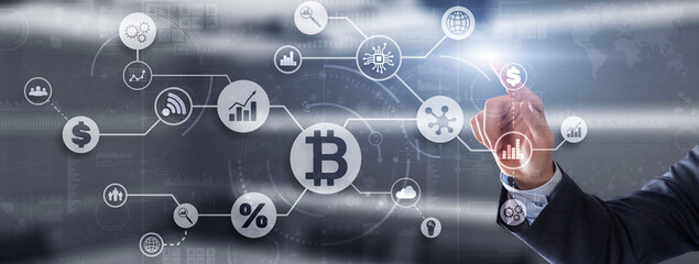 Wall Mural - BTC. Digital money and technology worldwide network concept. Virtual bitcoin digital currency coin