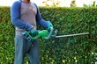 An unrecognisable male gardener wearing safety gloves holding a cordless hedge trimmer to cut garden shrubs.