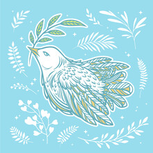 White Dove With Olive Branch, Bird, Florals And Branches Vector Collection. International Day Of Peace Concept, Symbol Of Love And Freedom