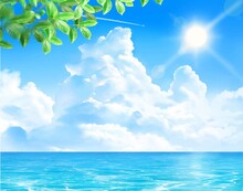 太陽の下入道雲の青い空の下に初夏の葉っぱと飛行機雲と海のゆらめく波の夏イメージイラスト素材