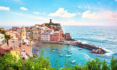 Wall Mural - amazing cityscape with boats and colored houses in vernazza, cinque terre, italy. amazing places. a 