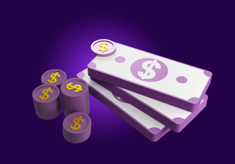 Wall Mural - Dollar bill and coins. Cash money. American banknotes and coins on purple background. Money of USA. Finance, loans, payments, investments in America. 3d image.