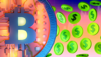 Poster - Bitcoin investment. Cryptocurrency mining. Blockchain technology. Buying and selling cryptocurrency. Bitcoin and dollar symbols. Cryptocurrency trading. Invest profit. 3d image.