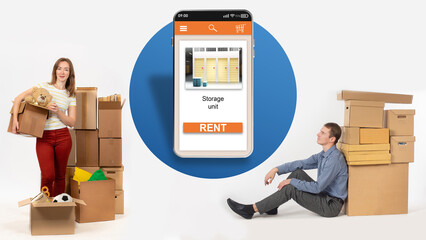 Storage unit rent using a smartphone. Rent a warehouse in a mobile application. The central image of a smartphone with warehouse application. People with lots of boxes on a white background. 3d image