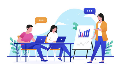 Aufkleber - Woman holding business presentation for colleagues. Corporate training and course concept. Flat design vector illustration with white background