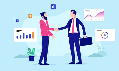 Aufkleber - Business agreement - Two businessmen shaking hands in front of rising charts and graphs, one in casual clothing and on in suit. Flat design vector illustration with blue background
