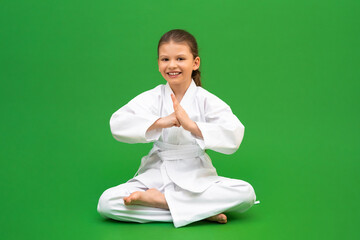 Poster - Martial arts classes, karate children's school, preparation for wrestling training, development of a child in martial arts, a girl in a white kimono.