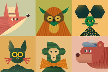 Set of animal faces. Cute animals cartoon illustration. Vintage animal avatars. 