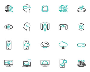 set of technology line icons, innovation, ar vr, metaverse