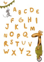 Funny English Alphabet With Yellow Giraffe And Little Mouse Acrobat, Abc Book For Children 