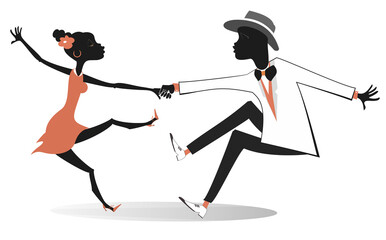 Wall Mural - Romantic dancing young African couple illustration. Funny dancing young African man and woman isolated on white background
