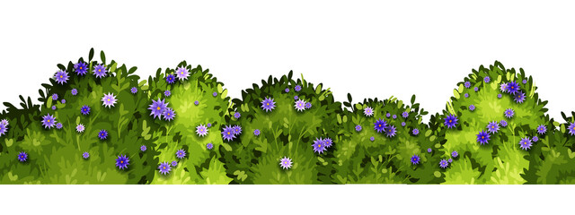 Wall Mural - Garden bush vector seamless border, spring green hedge background, blooming shrub, flowers. Nature summer vegetation, landscape floral frame, violet park blossom design. Garden bush illustration