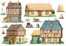 Medieval Houses And Objects Watercolor Illustration