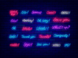 Wall Mural - Neon motivational quote collection. Smile and congrats. See you and Love you. Shiny phrases clipart. Vector illustration