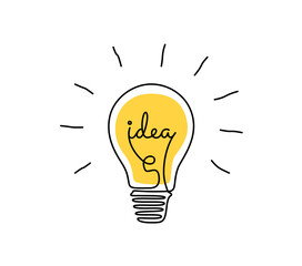 Wall Mural - Light bulb with idea in one continuous line drawing. Brainstorm symbol and creative mind concept in simple linear style. Shine lamp with editable stroke. Doodle Vector illustration