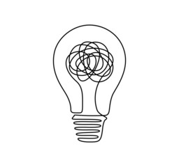 Wall Mural - Light bulb with scribbles in one continuous line drawing. Concept of chaos in thoughts in simple linear style. Edison lamp with editable stroke. Doodle Vector illustration