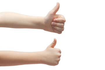 Child's hand shows like thumbs up on a white background