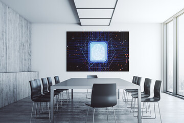 Fototapete - Abstract creative fingerprint illustration on tv display in a modern presentation room, personal biometric data concept. 3D Rendering