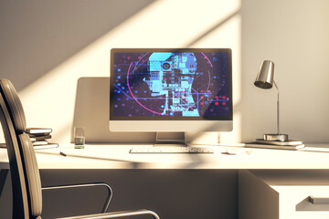 Aufkleber - Modern computer screen with creative human head microcircuit. Future technology and AI concept. 3D Rendering