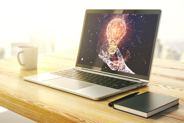 Creative light bulb illustration on modern computer monitor, future technology concept. 3D Rendering