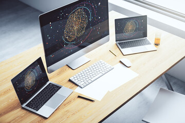 Aufkleber - Creative artificial Intelligence concept with human brain hologram on modern laptop screen. 3D Rendering