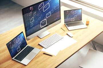 Poster - Modern computer monitor with postal envelopes hologram. Electronic mail and spam concept. 3D Rendering