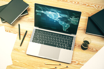 Poster - Abstract digital world map with connections on modern computer monitor, big data and blockchain concept. 3D Rendering