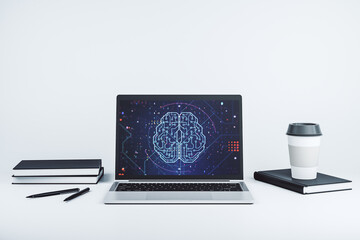 Poster - Modern computer display with creative human brain microcircuit. Future technology and AI concept. 3D Rendering