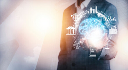 Poster - Businessman touch  brain icon and line control in graph Screen Icon of a media screen, Technology Process System,Concept Futuristic medicine, the human body, and the future,brain. Online consultation.
