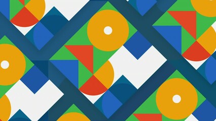 Fototapete - Colorful retro ornament with geometric shapes. Motion. Modernist animation with geometric multicolored figures. Colorful triangles, squares and circles move in abstraction