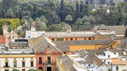 la ville de Séville vue depuis les hauteurs de la cathédrale avec ses toits, ses rues et ses églises