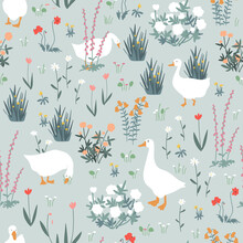Cute Seamless Pattern With Goose And Doodle Flowers. Geese In The Spring Garden. Vector Illustration.