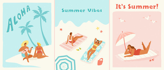 People enjoying their summer vacation on the beach. Set of three poster or banner designs in trendy retro style. Vector illustration of the seaside summer holiday concept.