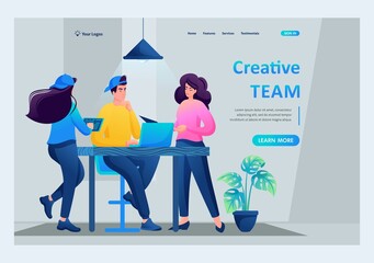 Poster - young freelancers discuss the project. a creative team. coworking, remote work. the concept of the l