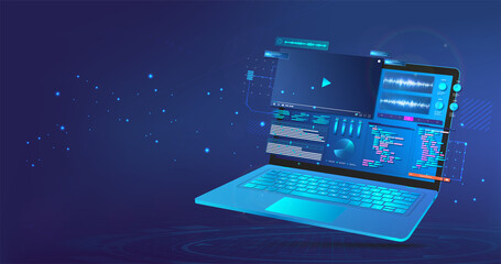 Make video content on 3D laptop with UI. Concept webinar, training, online promotion, conference, mounting, working online using a 3D laptop. Creation of videos and editing. Blue vector illustration