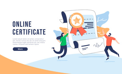 Landing page template with happy bearded woman and document with wafer seal and ribbon. Concept of online professional
