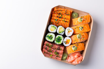 Wall Mural - Vegan Sushi, Sashimi and Maki Rolls with Plant based seafood