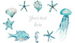 © Anna - Sea Watercolor Animal frame. Watercolour blue illustration isolated on white background.