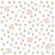 Delicate Spring Seamless Ditsy Print For Fabric With Fallen Viburnum Leaves, Tiny Colorful Tulips, Butterflies With Mother-of-pearl Wings Isolated On White Background. Vector Illustration.