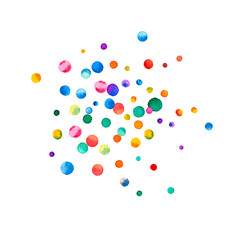 Wall Mural - Watercolor confetti on white background. Actual rainbow colored dots. Happy celebration square colorful bright card. Memorable hand painted confetti.