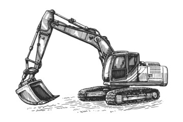 Excavator digger sketch. Construction works vector illustration